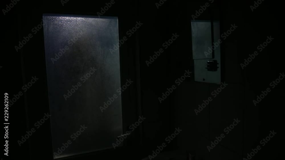 Horror silhouette of woman in window. Scary halloween concept Blurred silhouette of witch in bathroom