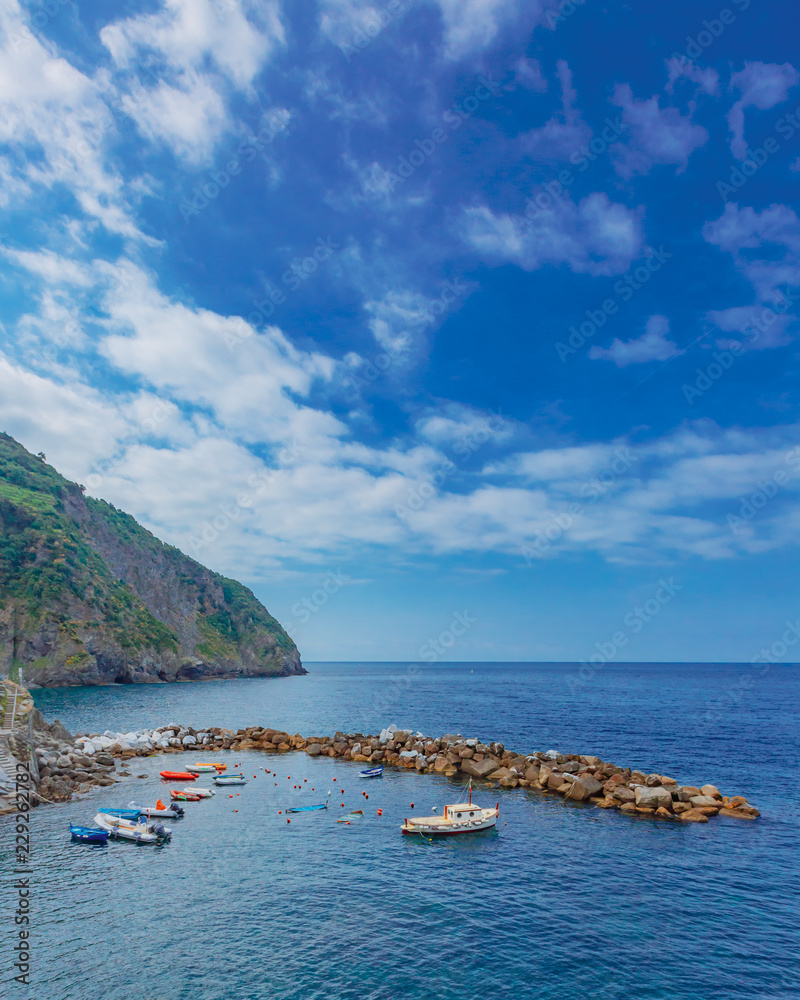 Boats view of the sea, in Riomaggiore, Cinque Terre, Italy