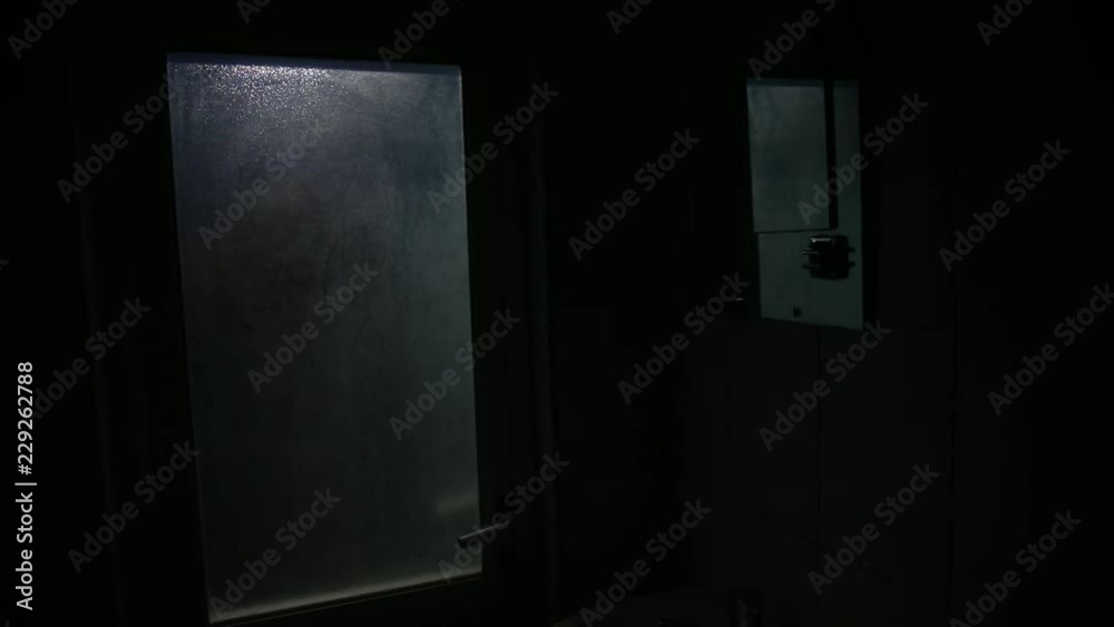 Horror silhouette of woman in window. Scary halloween concept Blurred silhouette of witch in bathroom