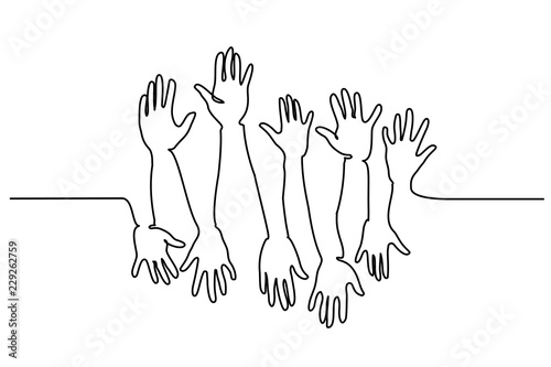Continuous one line drawing. Abstract Hands Up. Vector illustration