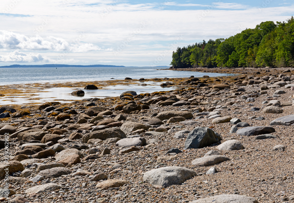 Expanse of rocks and a gravel beach on the shoreline of Sears Island in Maine on a cloudy summer day.
