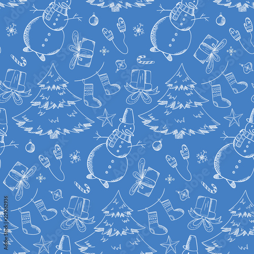 Tender blue seamless pattern with cute outline Christmas elements. Cartoon winter texture with firs, snowmen, giftbox, Santa Claus, stockings for textile, wrapping paper, wallpaper, New Year decor