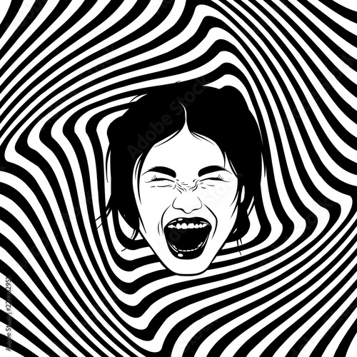 Vector hand drawn illustration of screaming girl. Emotional realistic portrait. Template for card, poster, banner, print for t-shirt.