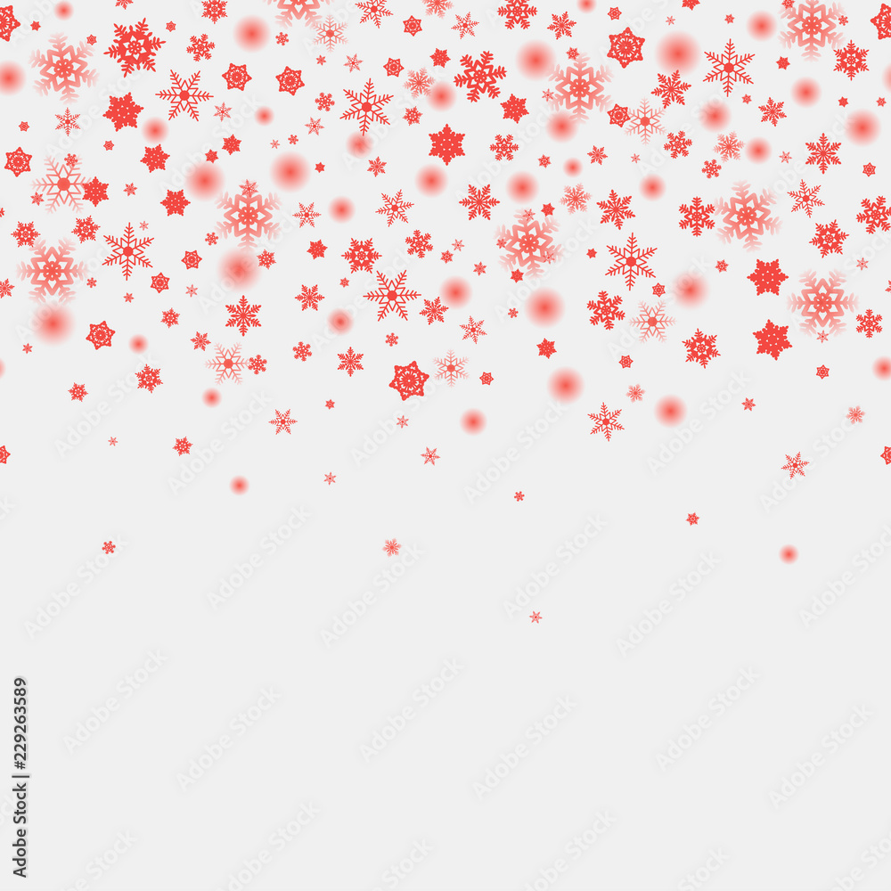 Winter seamless pattern with red falling snowflakes. Snowfall. Vector.