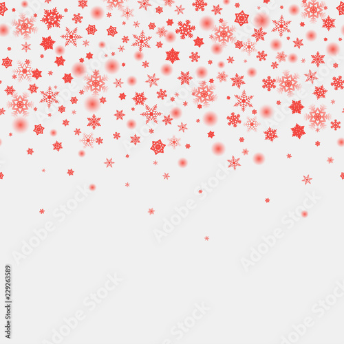 Winter seamless pattern with red falling snowflakes. Snowfall. Vector.