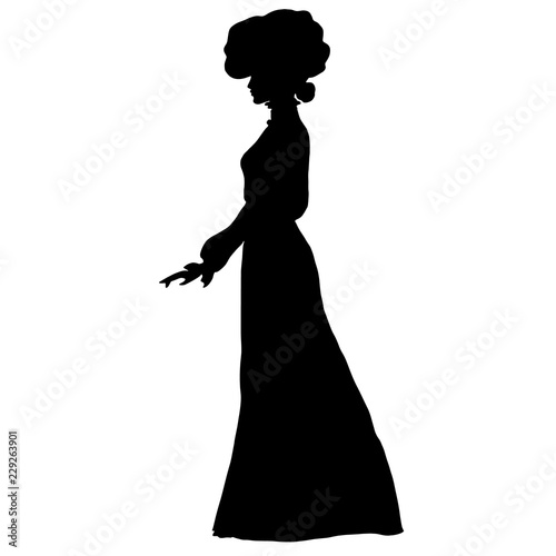 Female slim silhouette in long dress, large round hat of early 20th century, frill, combed hair, top knot. For posters, prints, design, covers, fabric, logos, interior decor, shop, banners, decoupage