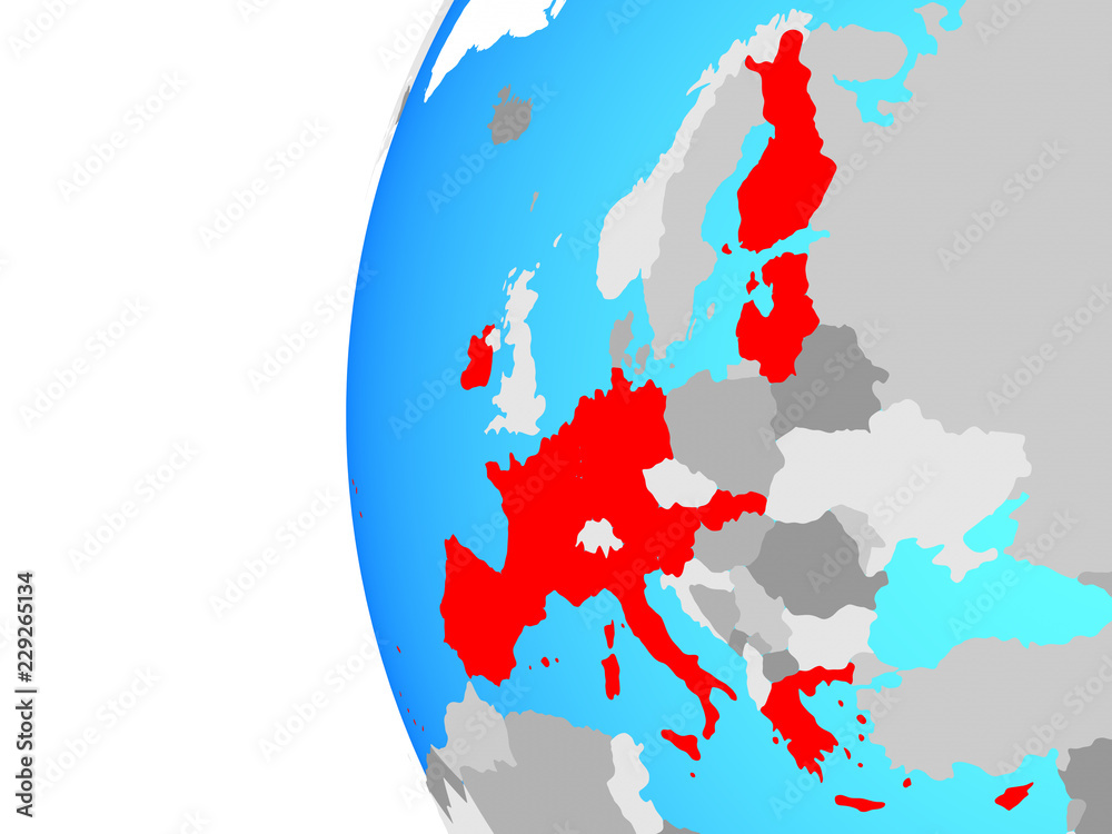 Eurozone member states on blue political globe.
