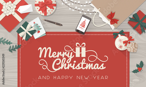 Christmas wishes and table with gifts