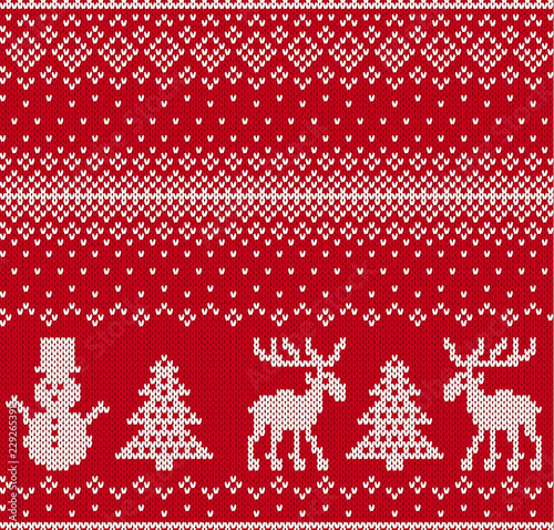 Christmas knit geometric ornament with elks, christmas trees and snowmen in a row. Knitted textured background.