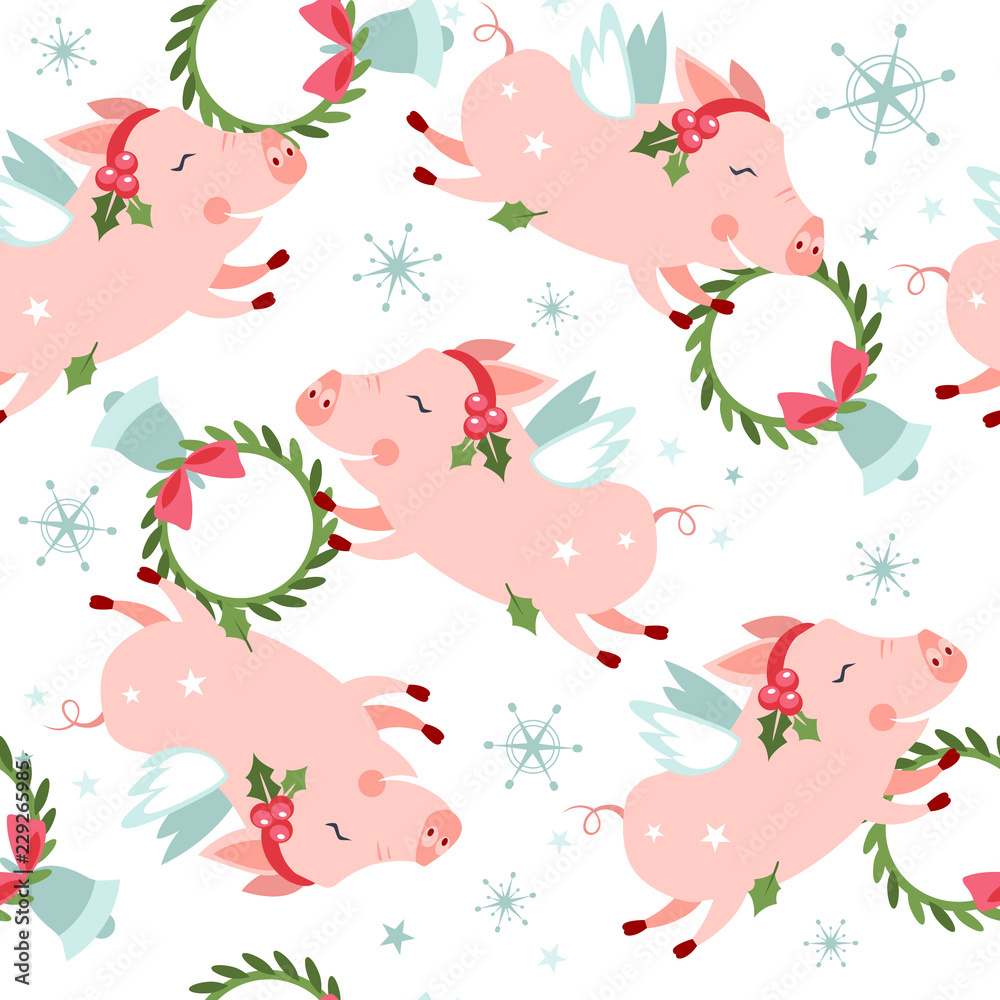 Piggy seamles pattern new year with flying pigs