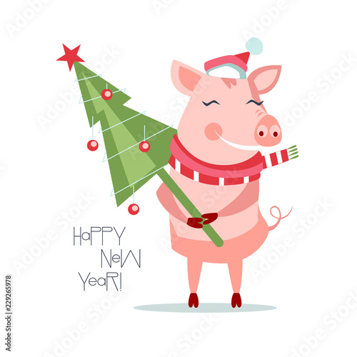 Cute new year pig character with christmas tree, wearing a scarf and a Santa Claus hat © naty_lee