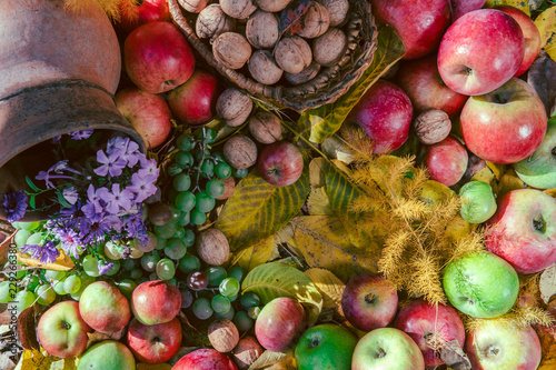 Healthy food background autum leaves  grapes  apples  walnut  flowers  earthenware jug for wine  a set of vitamins  health  fruits  harvest. Thanksgiving day concept. Top view with copy space
