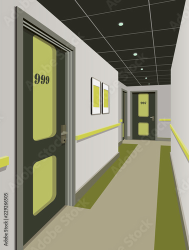 Long corridor with rows of closed doors. Concept of infinite opportunities for success and toughness of choice. 3d rendering. Hallway illustration