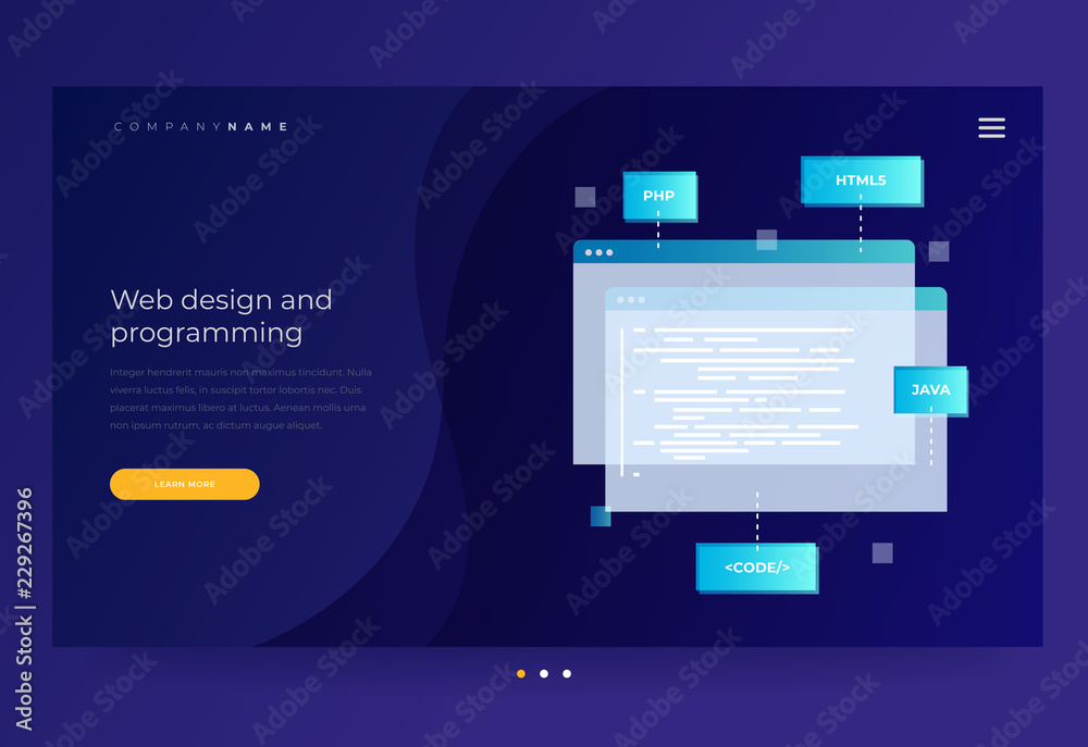 Title for the website. Concept of programming and software. Open web pages with coding and programming languages on blue background. Vector flat illustration for web page, banner, presentation. Title for the website. Concept of programming and software. Open web pages with coding and programming languages on blue background. Vector flat illustration for web page, banner, presentation.