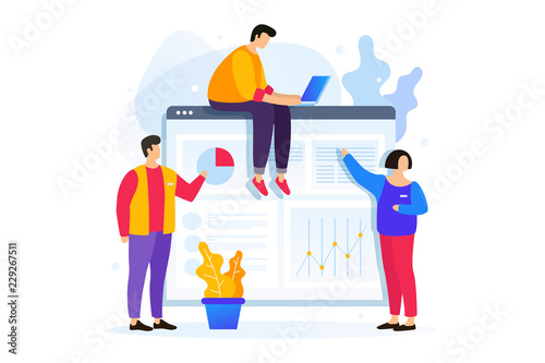 Concept of digital technology, growth of career to success. Young people work with business graphics on screen of mobile device and on laptop. Vector flat illustration.