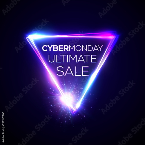 Cyber Monday ultimate sale text in neon shining triangle sign on dark blue backdrop. Glowing electric led frame. Banner or flyer design template. Cyber Monday background. Night vector illustration.