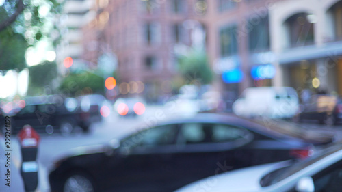 Bokeh shot of typical busy street in San Francisco with traffic