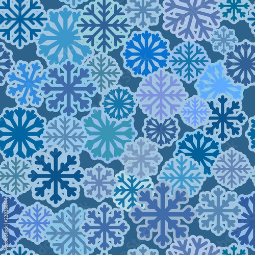 Seamless pattern with blue snowflakes, winter simple flat background