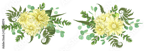 Set of vector autumn bouquets with yellow dahlias, fern leaves, boxwood, eucalyptus isolated on white background. Element of design for wedding invitations, postcards, banners, birthday