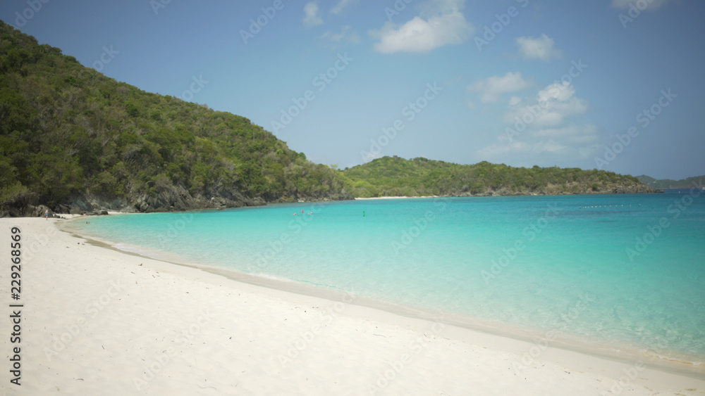 Background Plate of Green hills around the white sandy Caribbean beach
