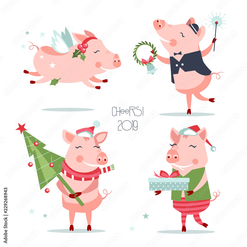 funny new year pigs characters set with different objects funny new year pigs characters set with different objects