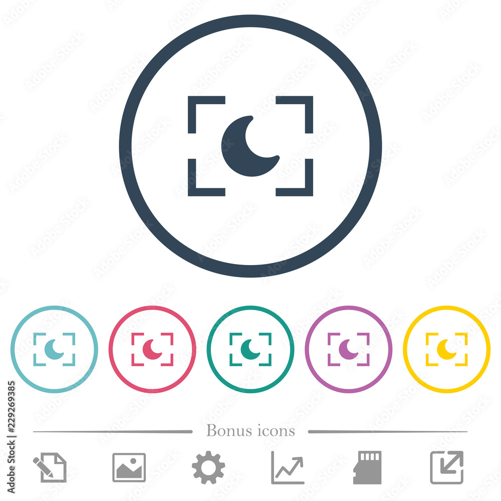 Camera night mode flat color icons in round outlines Camera night mode flat color icons in round outlines