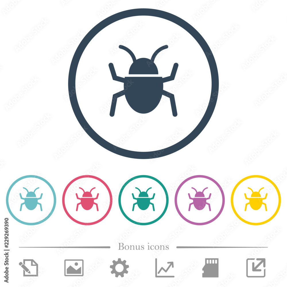 Bug flat color icons in round outlines