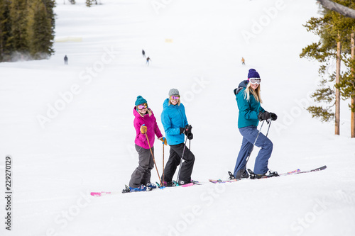 winter, skiing, woman, mountain, outdoors, happy, people, young, group, friends, smiling, white, fun, hat, beautiful, happiness, together, girls, friendship, casual, athletic, sports