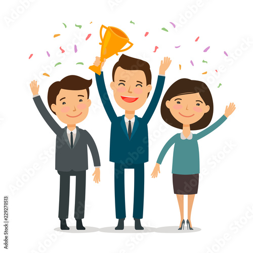 Teamwork, awarding ceremony. Success, achievement concept. Cartoon vector illustration