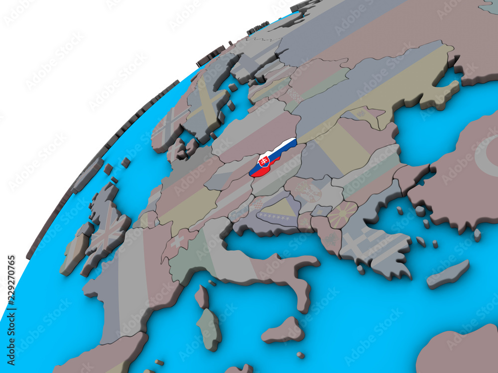 Slovakia with national flag on 3D globe.