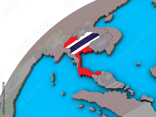 Thailand with national flag on 3D globe.