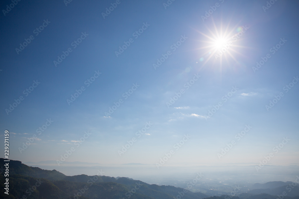 gorgeous landscape of blue sky, white cloud and green hill. nature background and wallpaper, view from peak mountain.