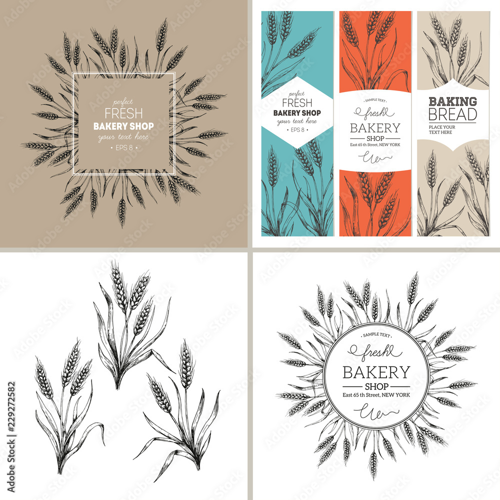 Bread design template collection. Banners, pattern, composition. Vector illustration