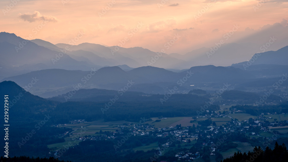 Evening view from observation tower Pyramidenkogel to mountains,Carinthia,Austria