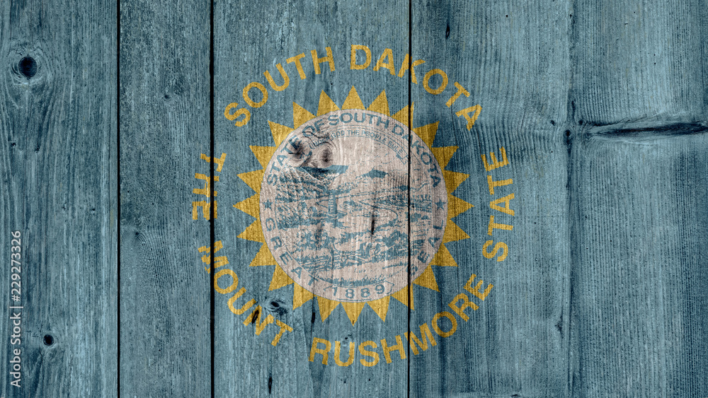 Obraz premium USA Politics News Concept: US State South Dakota Flag Wooden Fence