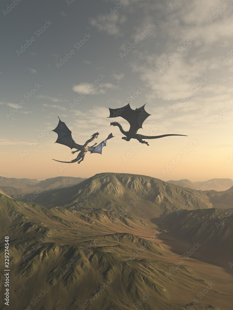 Fototapeta premium Friendly Dragon Companions Latanie nad Mountain Landscape - fantasy ilustracji