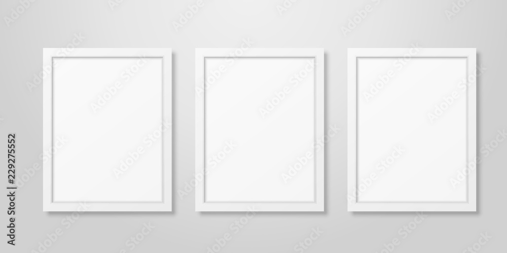 Three Vector Realistic Modern Interior White Blank Vertical A4 Wooden Poster Picture Frame Set Closeup on White Wall Mock-up. Empty Poster Frames Design Template for Mockup, Presentation