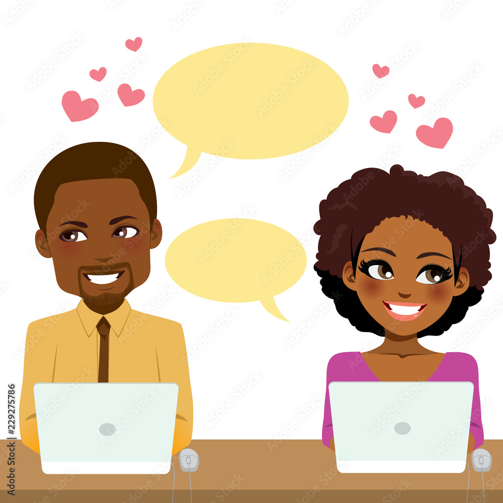 Cute couple at work using computer working together in love Cute couple at work using computer working together in love