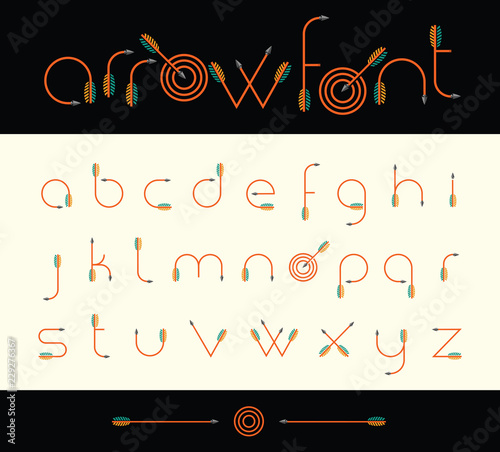 Modern font alphabet shaped like archery arrows. Vector illustration.