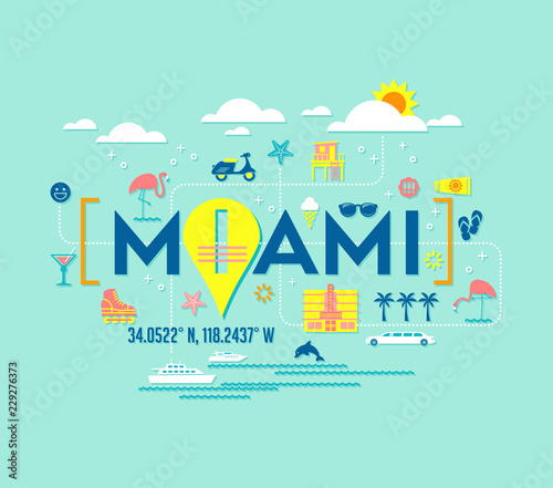 Miami, Florida vector design of attractions icons, and typography. For t-shirts, cards, banners, posters.