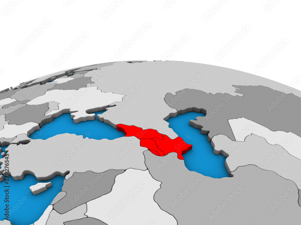 Caucasus region on political 3D globe.
