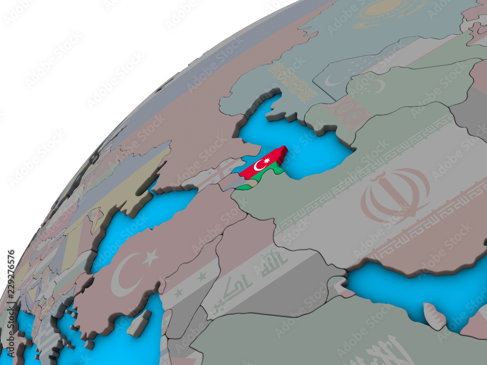 Azerbaijan with national flag on 3D globe.