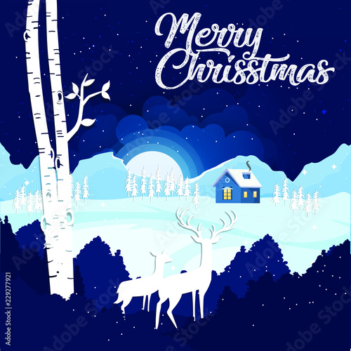 Merry Christmas and Happy New Year with Two reindeer looking down to a village with light and snowing at night. Christmas advertising concept. design vector with copy space.