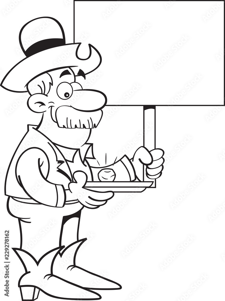 Black and white illustration of a prospector with a gold nugget holdling a sign.
