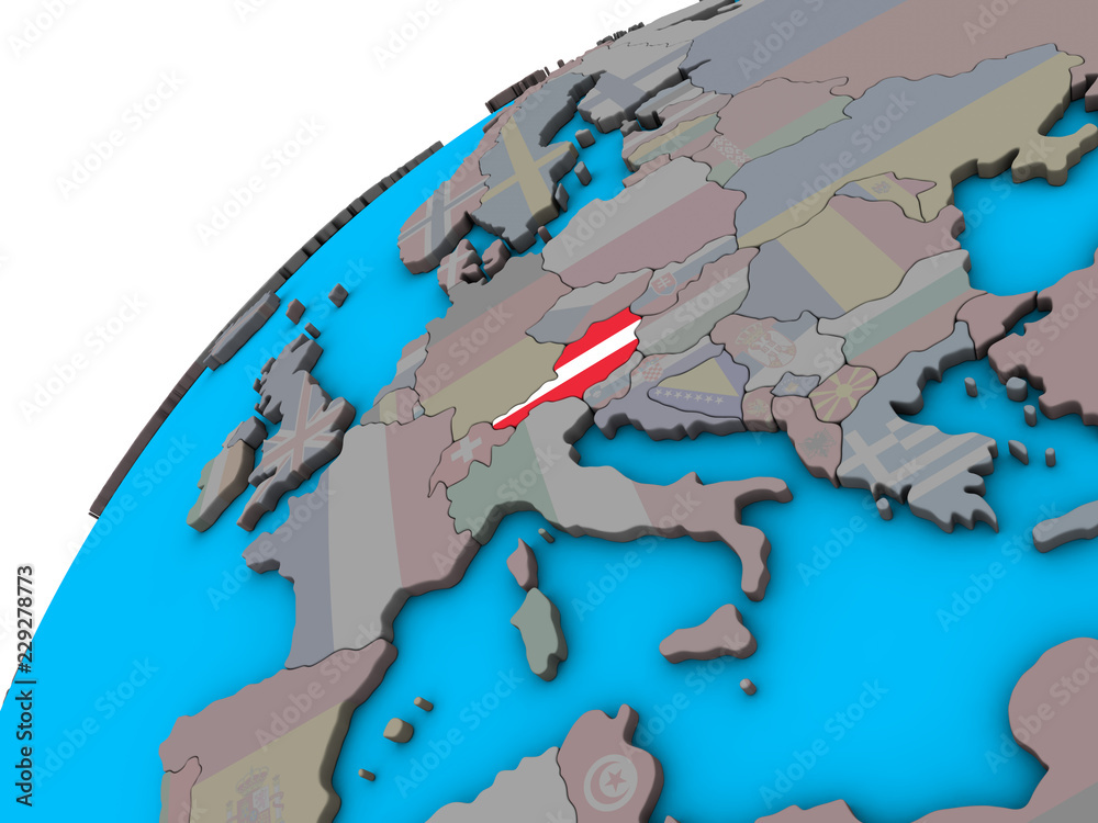Austria with national flag on 3D globe.