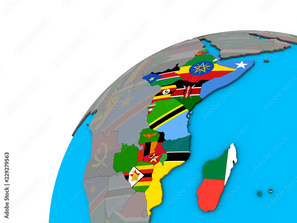 East Africa with national flags on 3D globe.