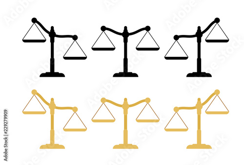 Flat scales of justice set. Empty scales in different position. Vector illustration.