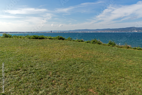 Panorama from coastline of Nessebar to resorts of Sunny Beach, St. Vlas and Elenite, Burgas Region, Bulgaria photo