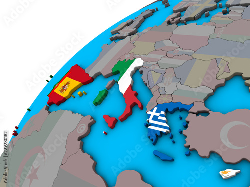 Southern Europe with national flags on 3D globe.