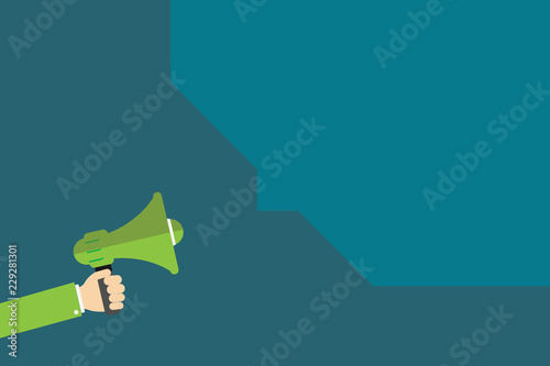 Flat design business Vector Illustration Empty copy space for Ad website promotion esp isolated Banner template. Human Hand Holding Megaphone and Blank Geometric shape Half Speech Bubble
